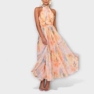 Halter-Neck Aquarell Print Maxi Kleid